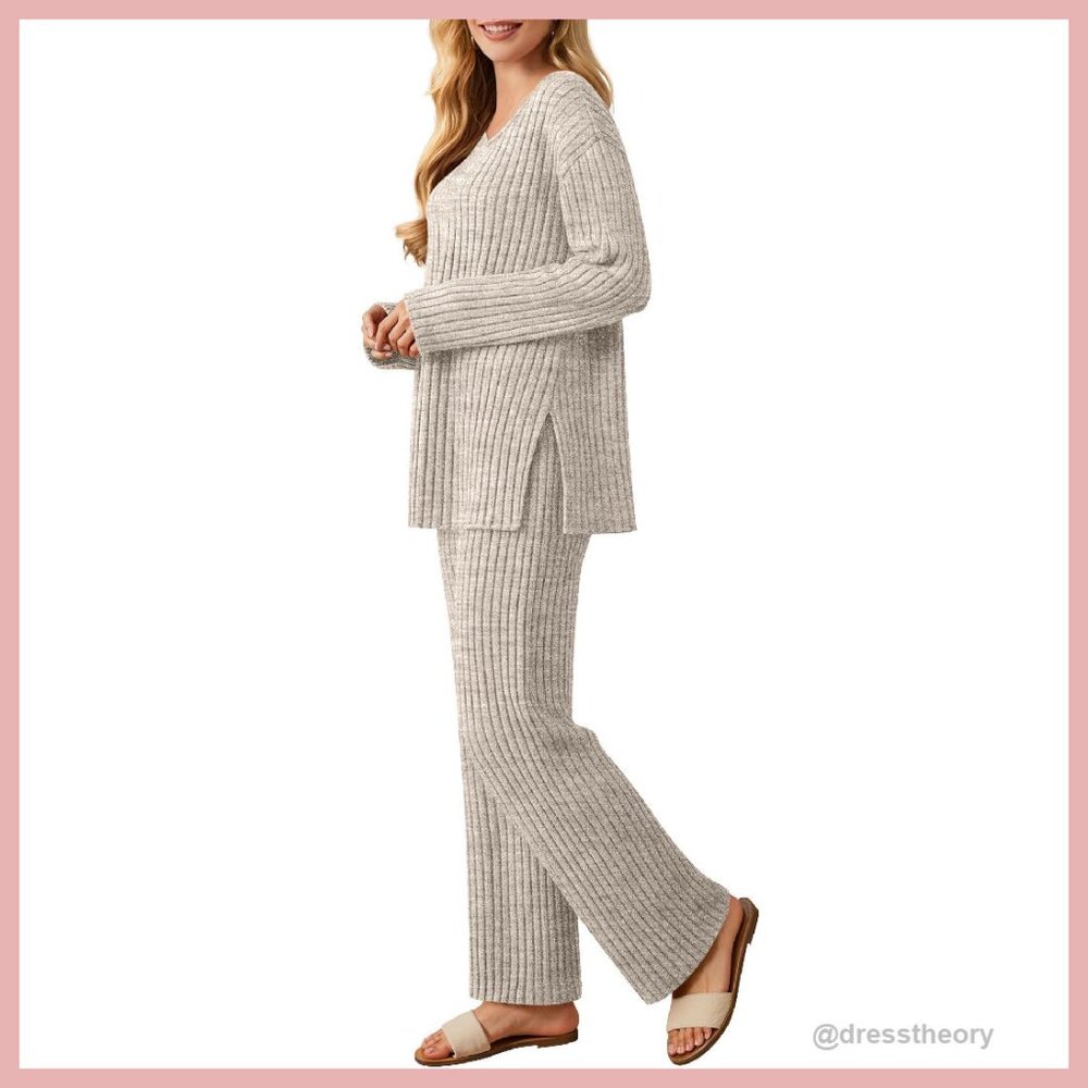 Ribbed Knit Lounge Set V-Neck Top Wide Leg Pants Pajama
